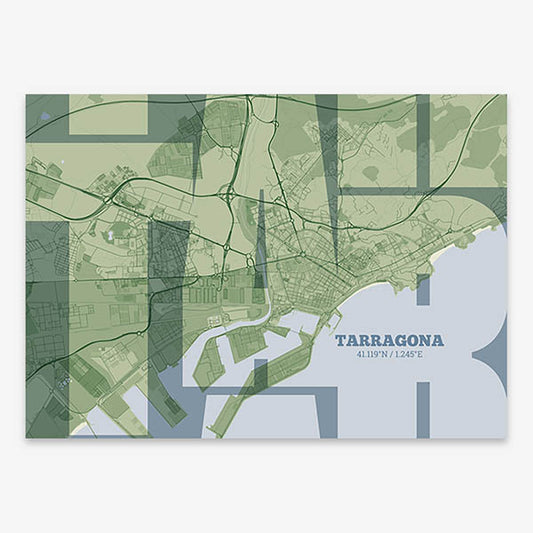 Poster of Tarragona composed with letters from its abbreviation or its airport IATA code printed on two green tones