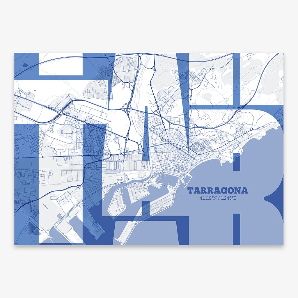 Poster of Tarragona composed with letters from its abbreviation or its airport IATA code printed on navy blue and white