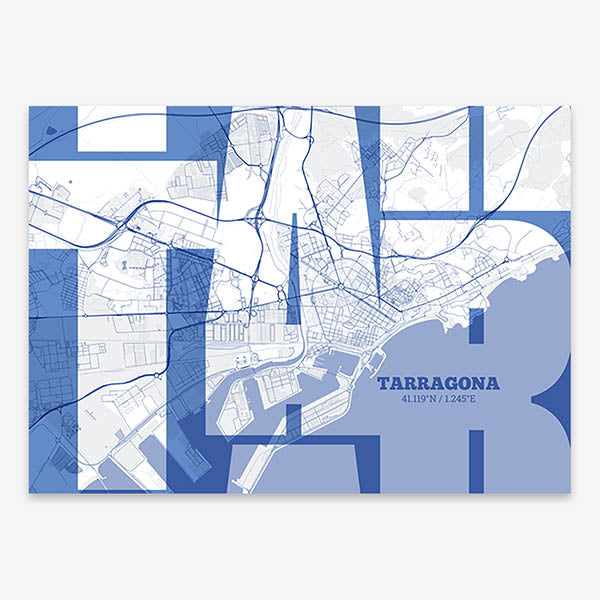 Poster of Tarragona composed with letters from its abbreviation or its airport IATA code printed on navy blue and white