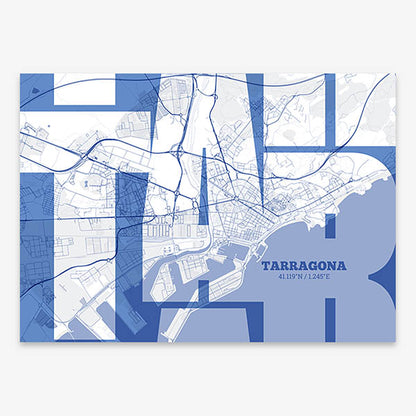 Poster of Tarragona composed with letters from its abbreviation or its airport IATA code printed on navy blue and white