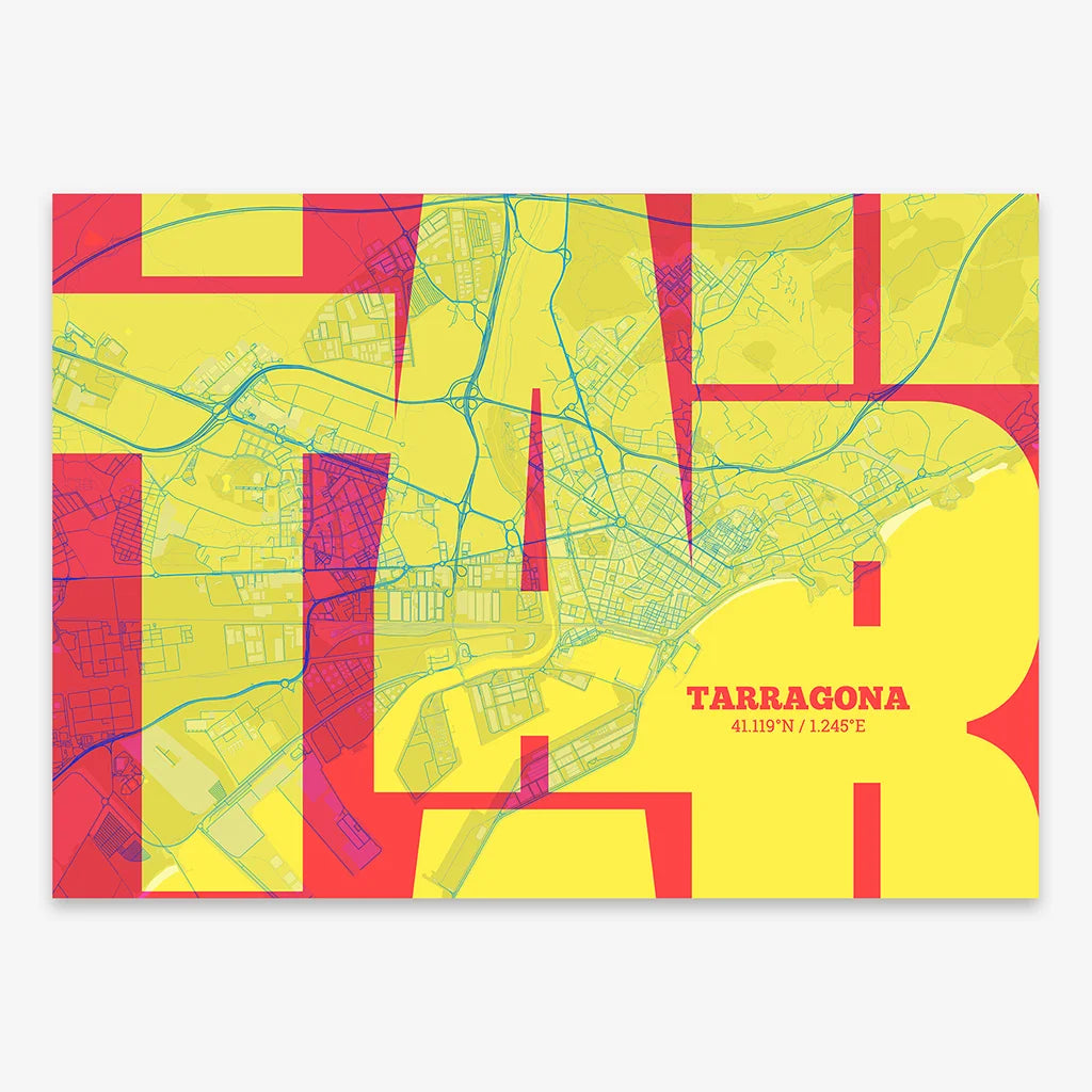 Poster of Tarragona composed with letters from its abbreviation or its airport IATA code printed on yellow and fuchsia