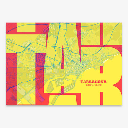 Poster of Tarragona composed with letters from its abbreviation or its airport IATA code printed on yellow and fuchsia