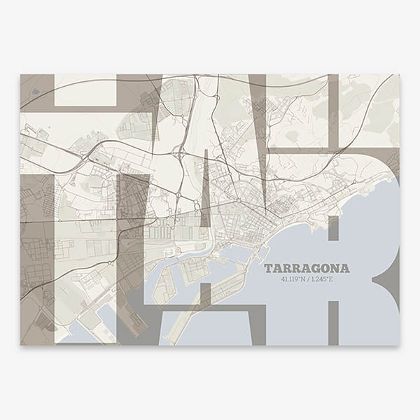 Poster of Tarragona composed with letters from its abbreviation or its airport IATA code printed on light brown and an off-white background