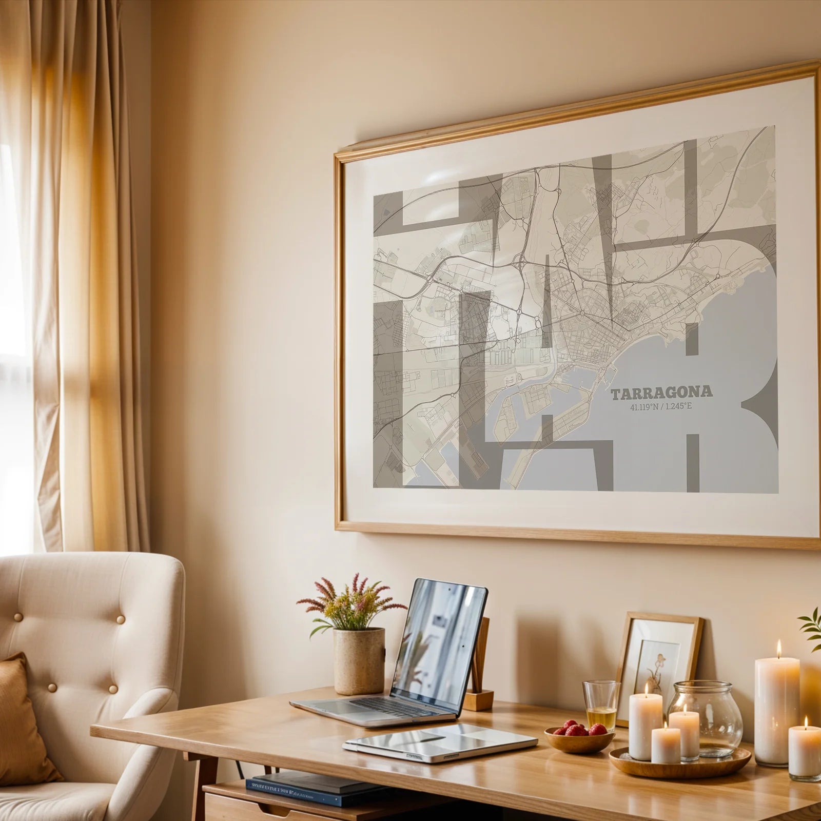 Modern interior design with a Tarragona in Inseparable design, featuring the city's abbreviation in expressive typography over a detailed urban map designed in light brown and an off-white background, displayed on a living room wall