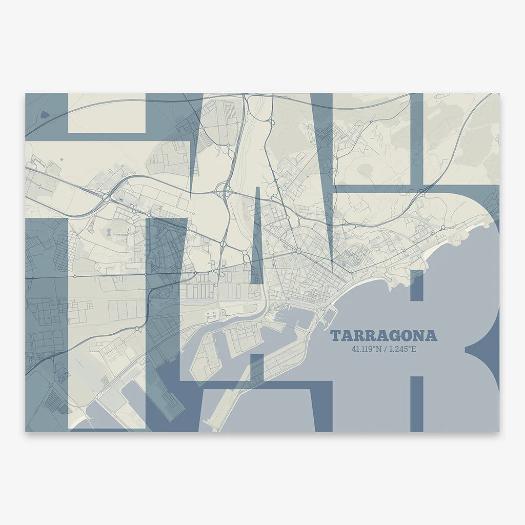 Poster of Tarragona composed with letters from its abbreviation or its airport IATA code printed on bluish gray and an off-white background