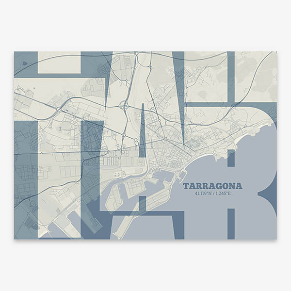 Poster of Tarragona composed with letters from its abbreviation or its airport IATA code printed on bluish gray and an off-white background