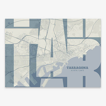 Poster of Tarragona composed with letters from its abbreviation or its airport IATA code printed on bluish gray and an off-white background