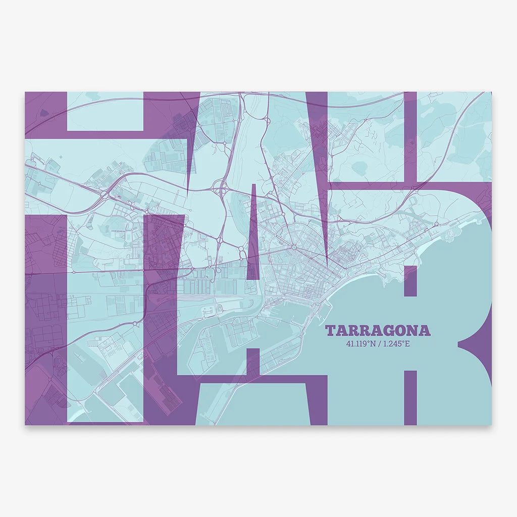 Poster of Tarragona composed with letters from its abbreviation or its airport IATA code printed on purple and light blue