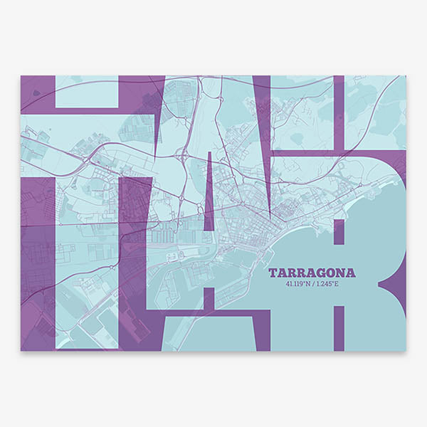 Poster of Tarragona composed with letters from its abbreviation or its airport IATA code printed on purple and light blue