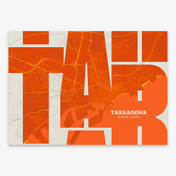 Poster of Tarragona composed with letters from its abbreviation or its airport IATA code printed on orange and an off-white background