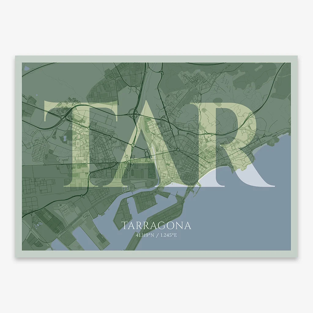 Decorative map of Tarragona composed with letters in serif font printed on two green tones