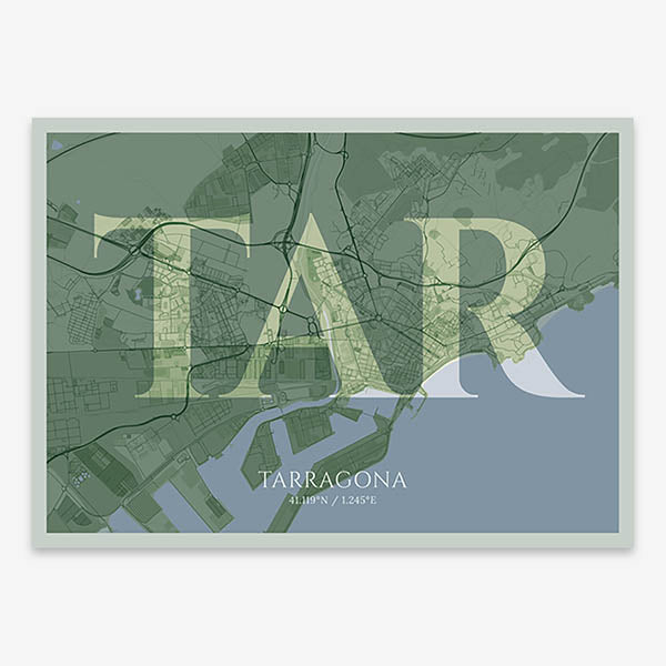 Decorative map of Tarragona composed with letters in serif font printed on two green tones