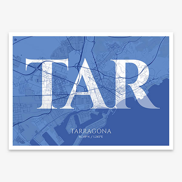 Decorative map of Tarragona composed with letters in serif font printed on navy blue and white