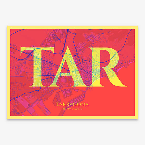 Decorative map of Tarragona composed with letters in serif font printed on yellow and fuchsia
