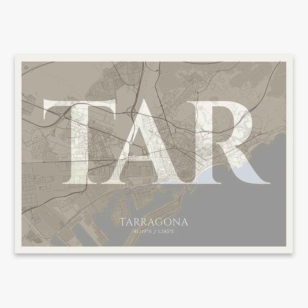 Decorative map of Tarragona composed with letters in serif font printed on light brown and an off-white background