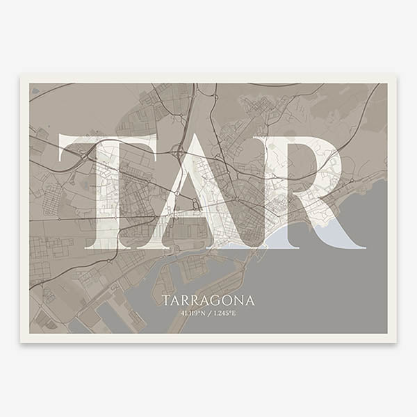 Decorative map of Tarragona composed with letters in serif font printed on light brown and an off-white background