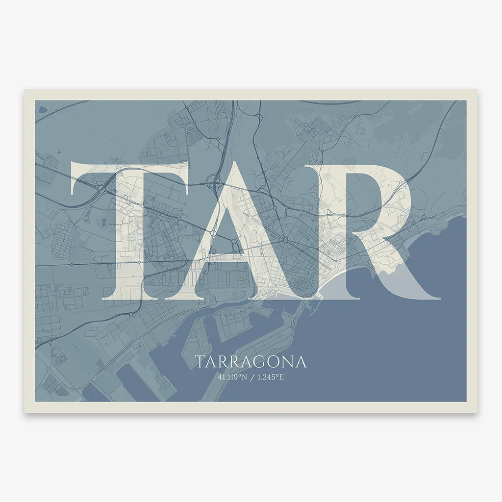 Decorative map of Tarragona composed with letters in serif font printed on bluish gray and an off-white background