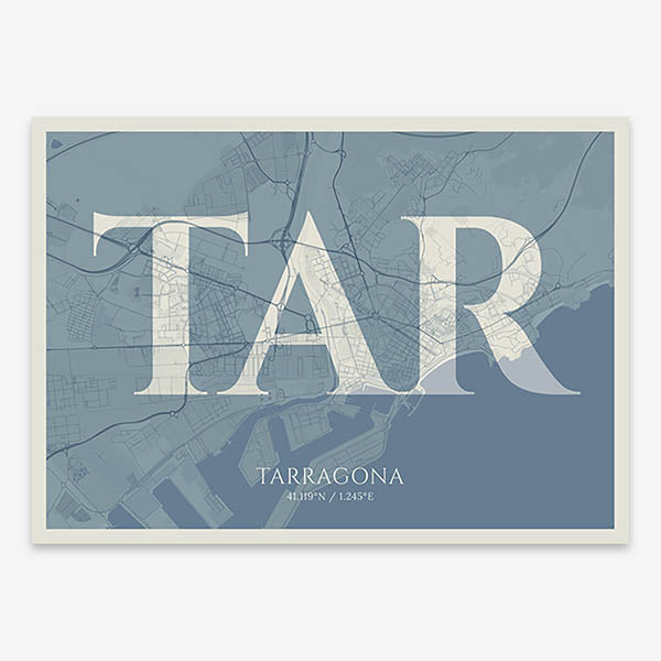 Decorative map of Tarragona composed with letters in serif font printed on bluish gray and an off-white background