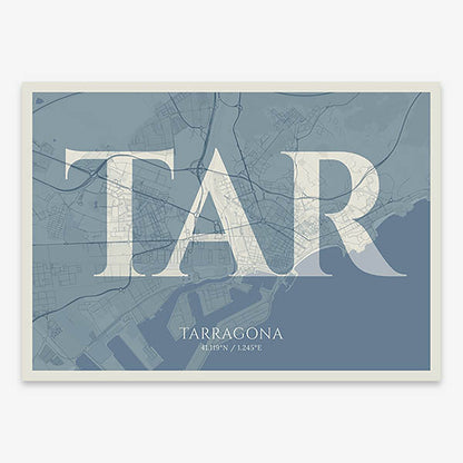 Decorative map of Tarragona composed with letters in serif font printed on bluish gray and an off-white background