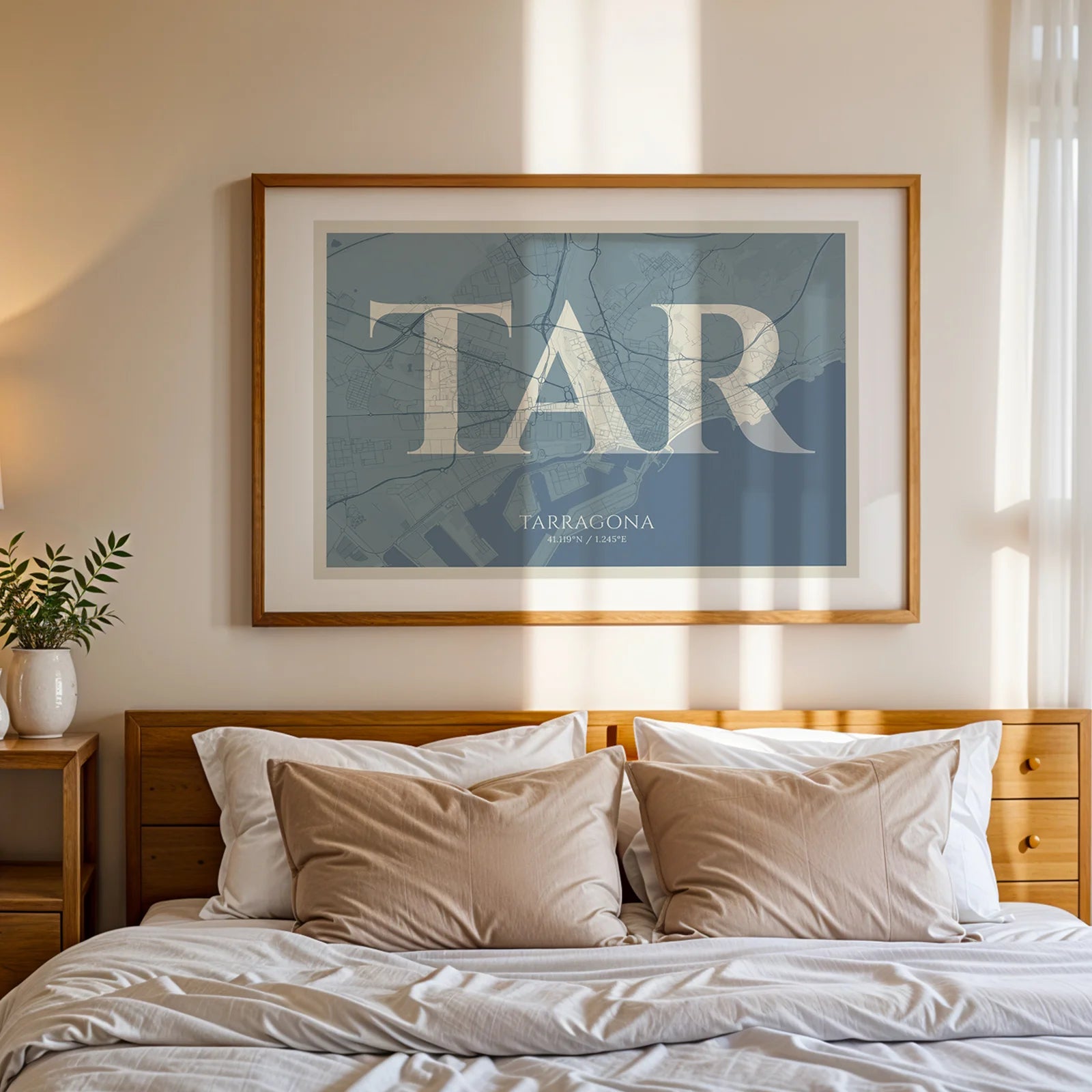 Modern interior design with a Tarragona in Classic design, inspired by chiseled typography with an elegant font that creates a beautiful visual contrast designed in bluish gray and an off-white background, displayed on a living room wall