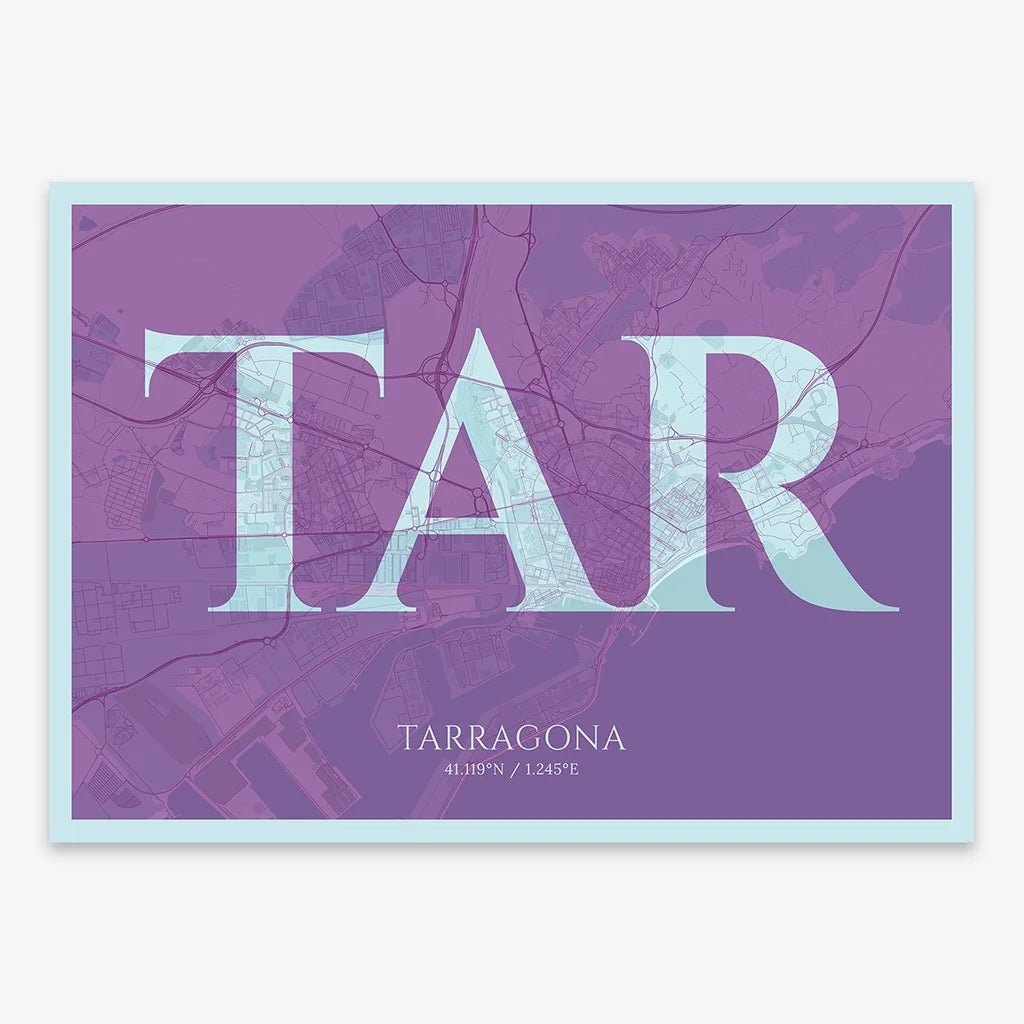 Decorative map of Tarragona composed with letters in serif font printed on purple and light blue