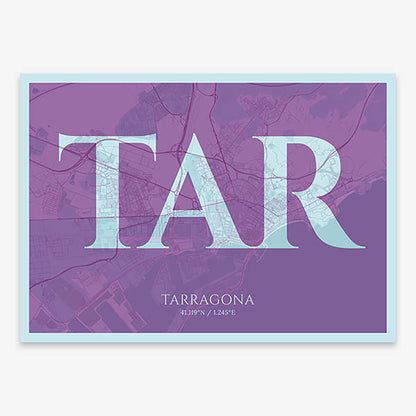 Decorative map of Tarragona composed with letters in serif font printed on purple and light blue
