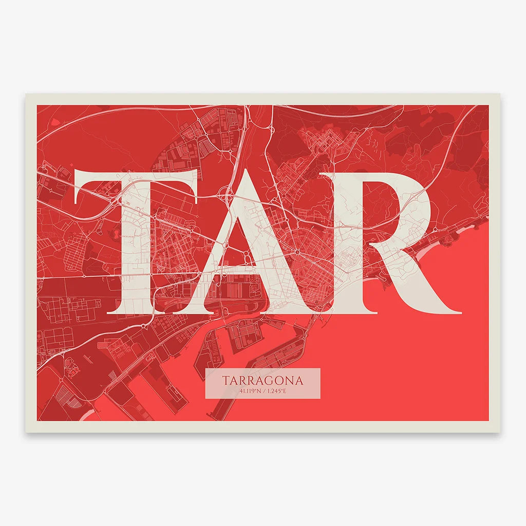 Decorative map of Tarragona composed with letters in serif font printed on red and an off-white background