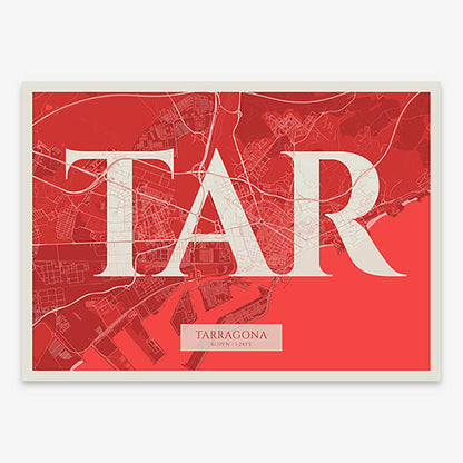 Decorative map of Tarragona composed with letters in serif font printed on red and an off-white background