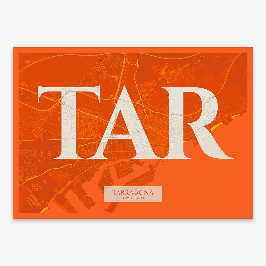 Decorative map of Tarragona composed with letters in serif font printed on orange and an off-white background