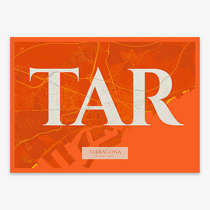 Decorative map of Tarragona composed with letters in serif font printed on orange and an off-white background