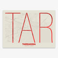Poster of Tarragona composed with letters in extra light font printed on red and an off-white background
