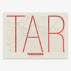 Poster of Tarragona composed with letters in extra light font printed on red and an off-white background