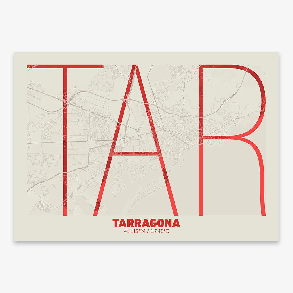 Poster of Tarragona composed with letters in extra light font printed on red and an off-white background
