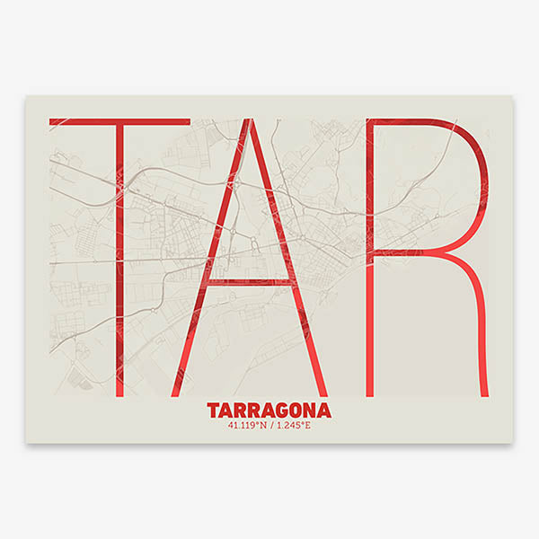 Poster of Tarragona composed with letters in extra light font printed on red and an off-white background