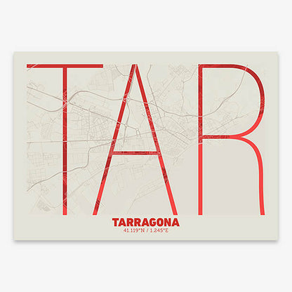 Poster of Tarragona composed with letters in extra light font printed on red and an off-white background