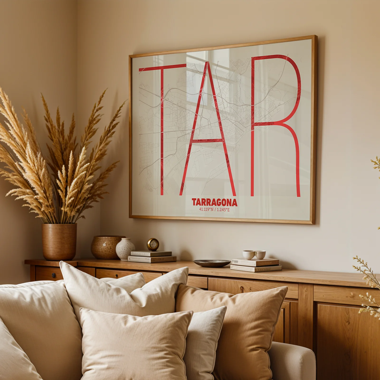Modern interior design with a Tarragona in Ultralight design, a minimalist aesthetic combining urban cartography with modern, extra-thin elegant lettering designed in red and an off-white background, displayed on a living room wall