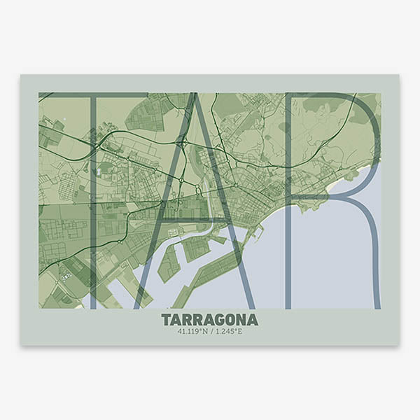 Poster of Tarragona composed with letters in extra light font printed on two green tones
