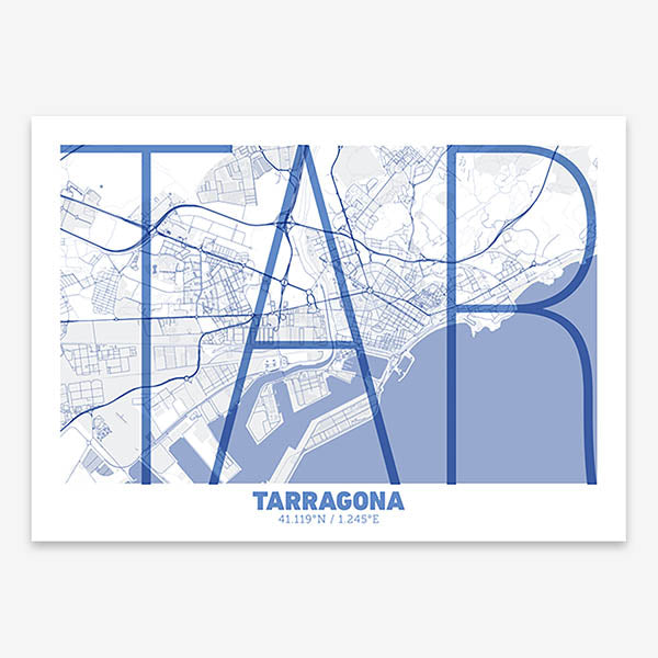 Poster of Tarragona composed with letters in extra light font printed on navy blue and white