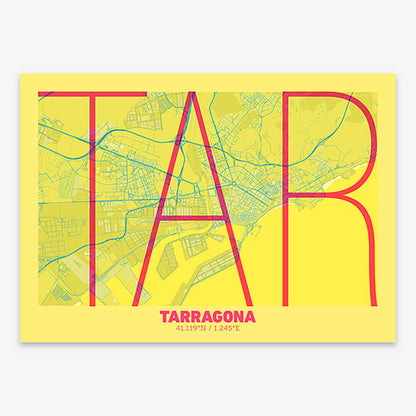 Poster of Tarragona composed with letters in extra light font printed on yellow and fuchsia