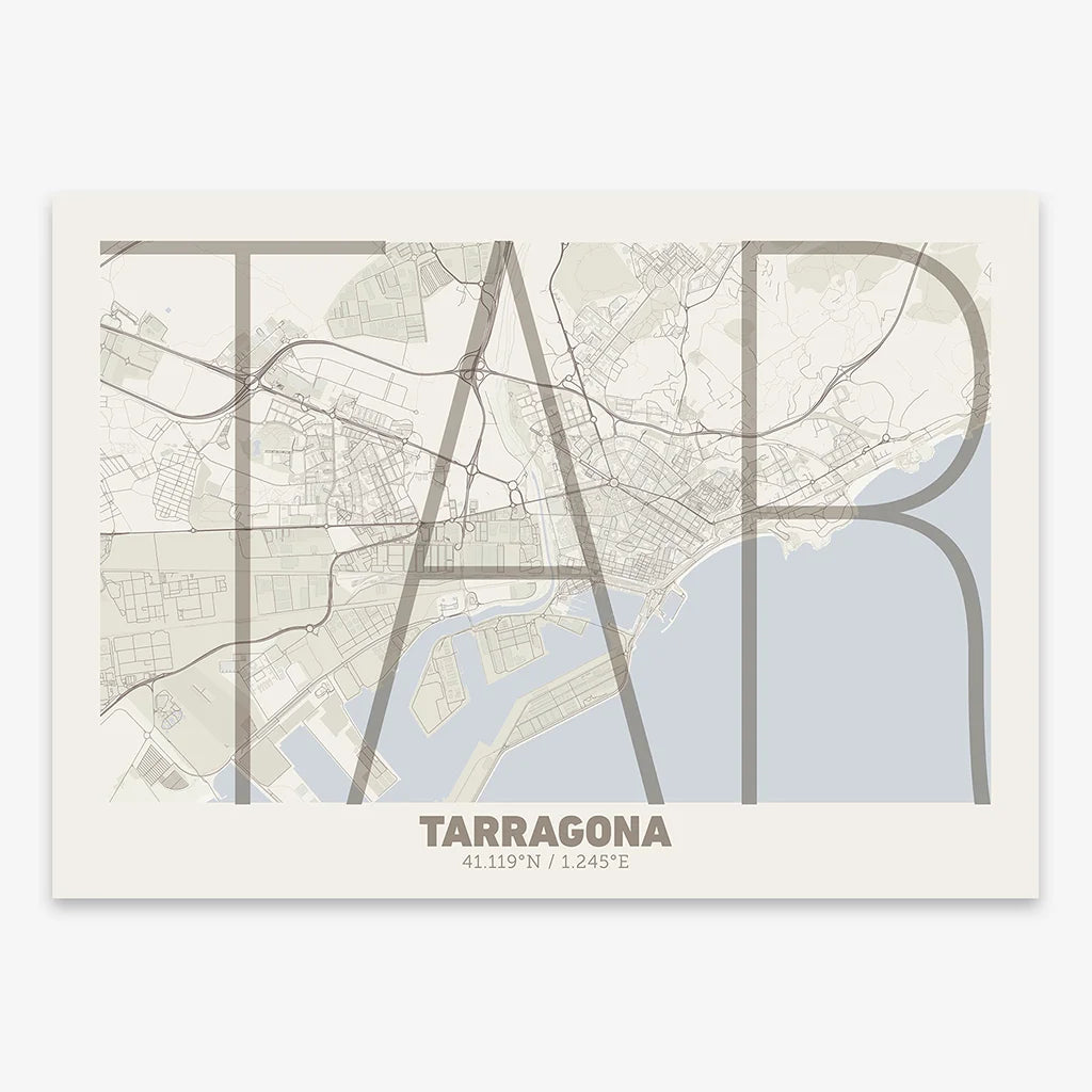 Poster of Tarragona composed with letters in extra light font printed on light brown and an off-white background