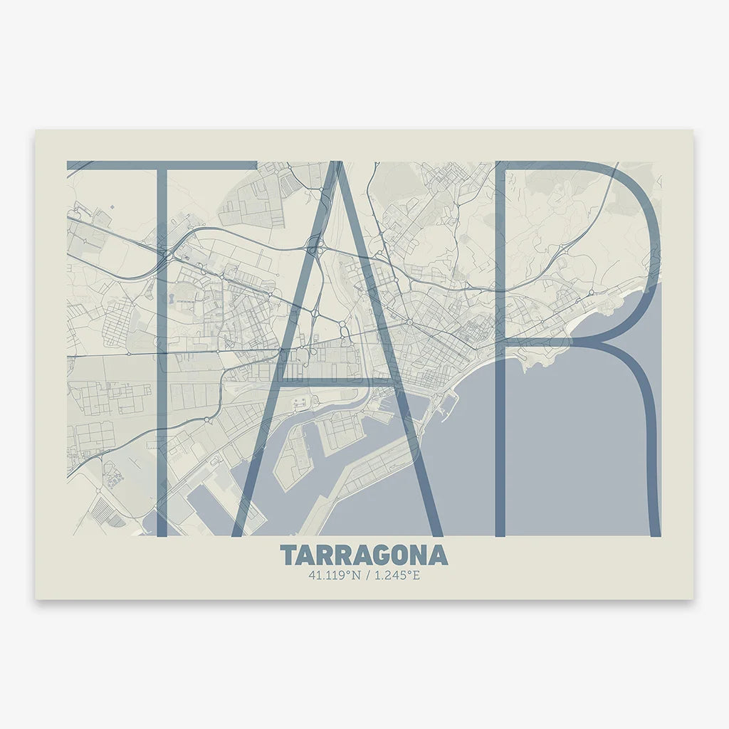 Poster of Tarragona composed with letters in extra light font printed on bluish gray and an off-white background