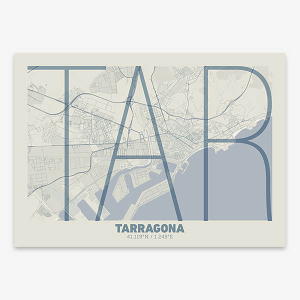 Poster of Tarragona composed with letters in extra light font printed on bluish gray and an off-white background