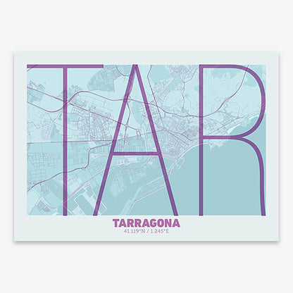 Poster of Tarragona composed with letters in extra light font printed on purple and light blue