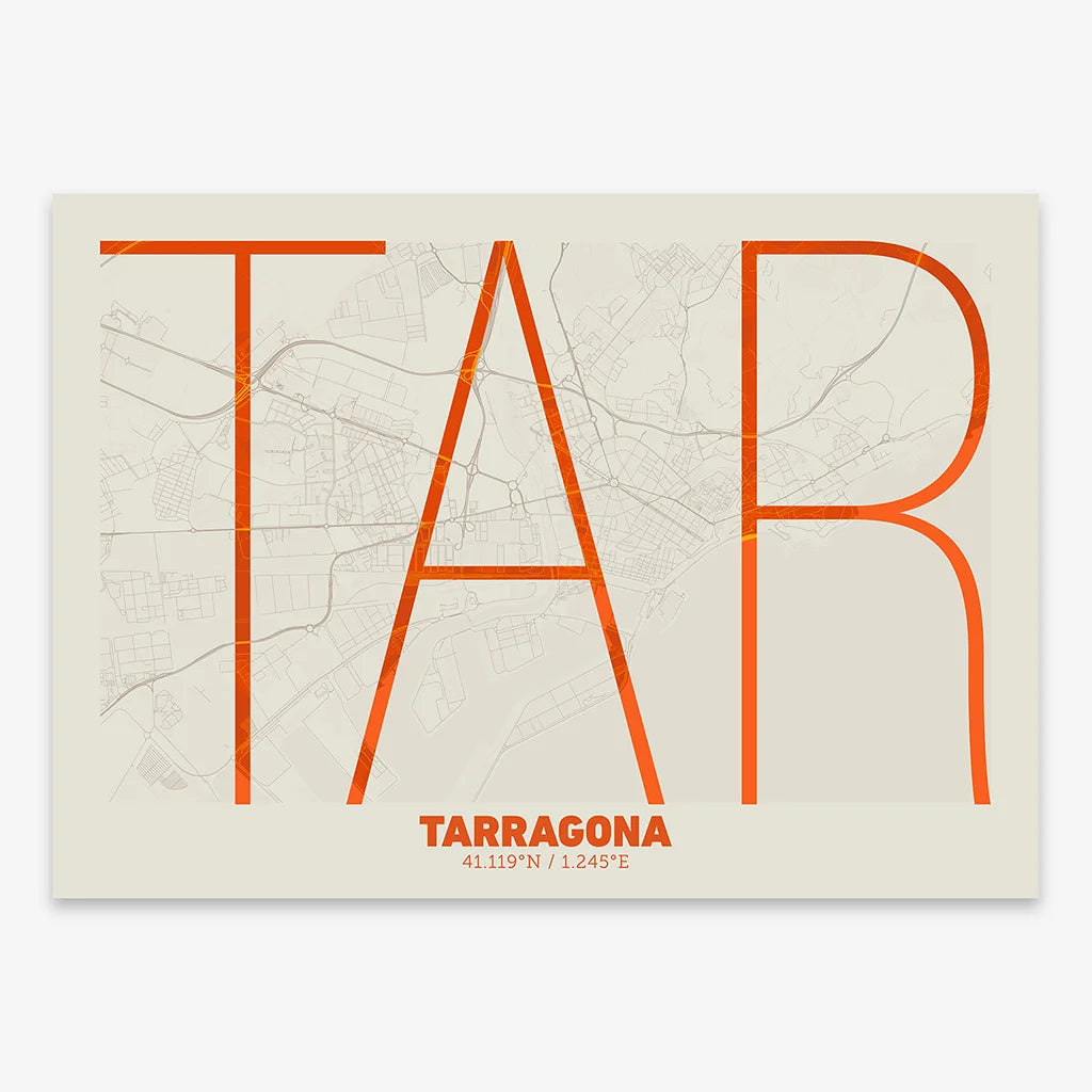 Poster of Tarragona composed with letters in extra light font printed on orange and an off-white background