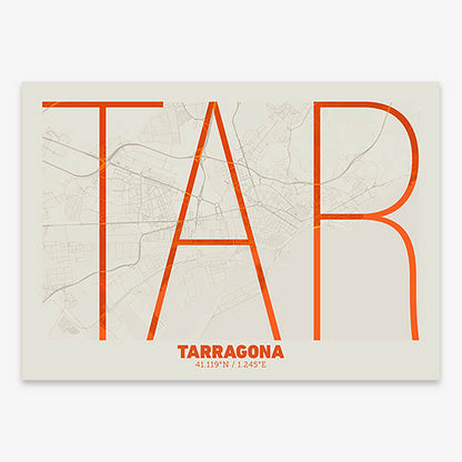 Poster of Tarragona composed with letters in extra light font printed on orange and an off-white background