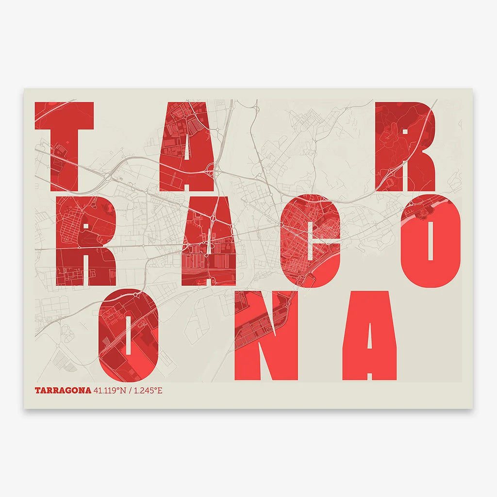 Decorative print of Tarragona with letters of its name placed randomly, designed in red and an off-white background