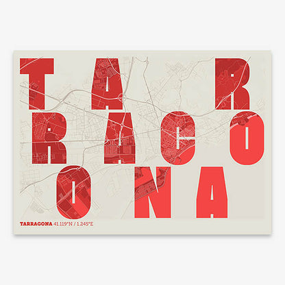 Decorative print of Tarragona with letters of its name placed randomly, designed in red and an off-white background