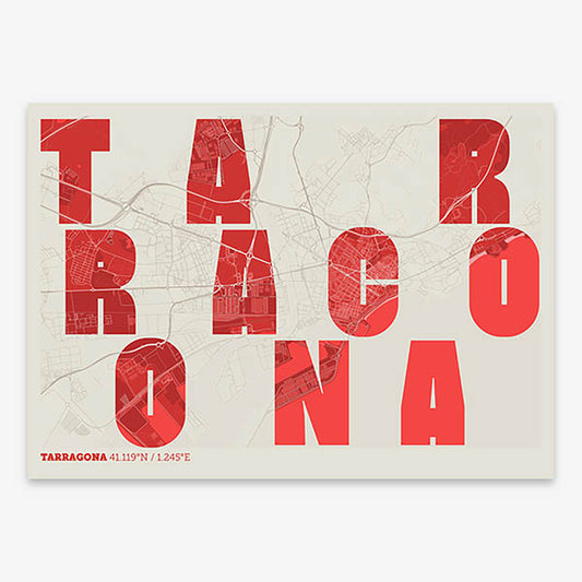Decorative print of Tarragona with letters of its name placed randomly, designed in red and an off-white background