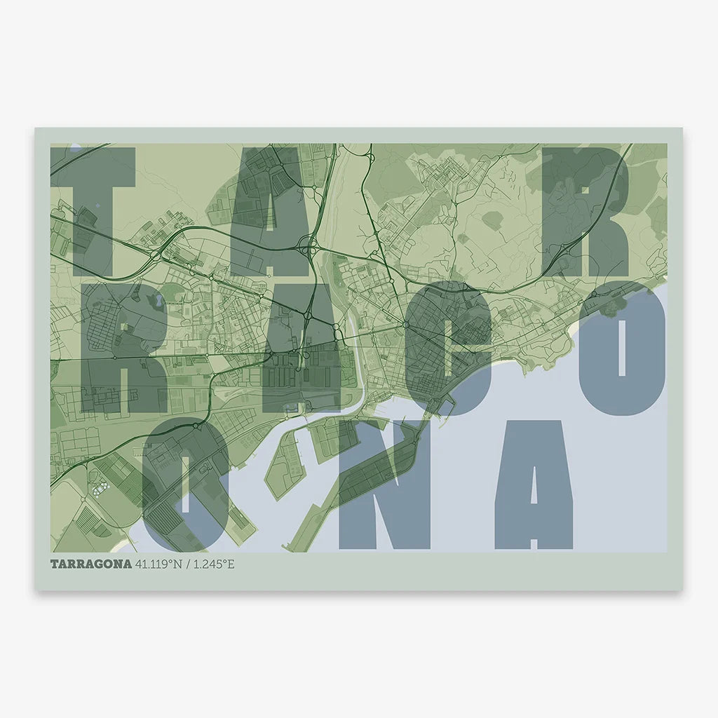 Decorative print of Tarragona with letters of its name placed randomly, designed in two green tones