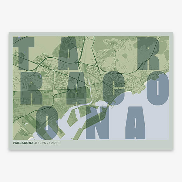 Decorative print of Tarragona with letters of its name placed randomly, designed in two green tones